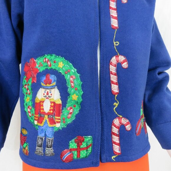 Vintage Fruit Of The Loom Christmas Sweater Blue Nutcracker Candy Cane Gifts M - Picture 4 of 16